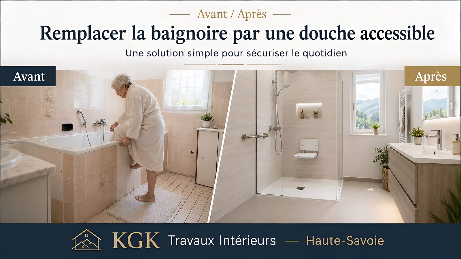Avant / après : une baignoire remplacée par une douche de plain-pied accessible et sécurisée.