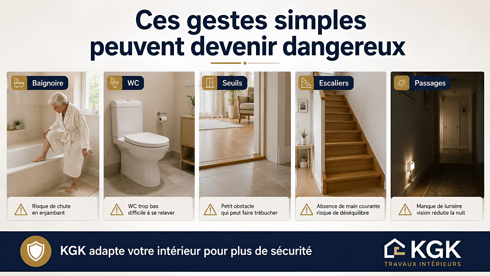 Zones à risque du quotidien : baignoire, WC, seuils, escaliers et passages.