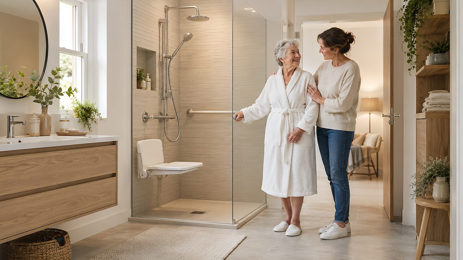 Salle de bain adaptée senior : douche de plain-pied, barre d’appui, siège rabattable et sol antidérapant.