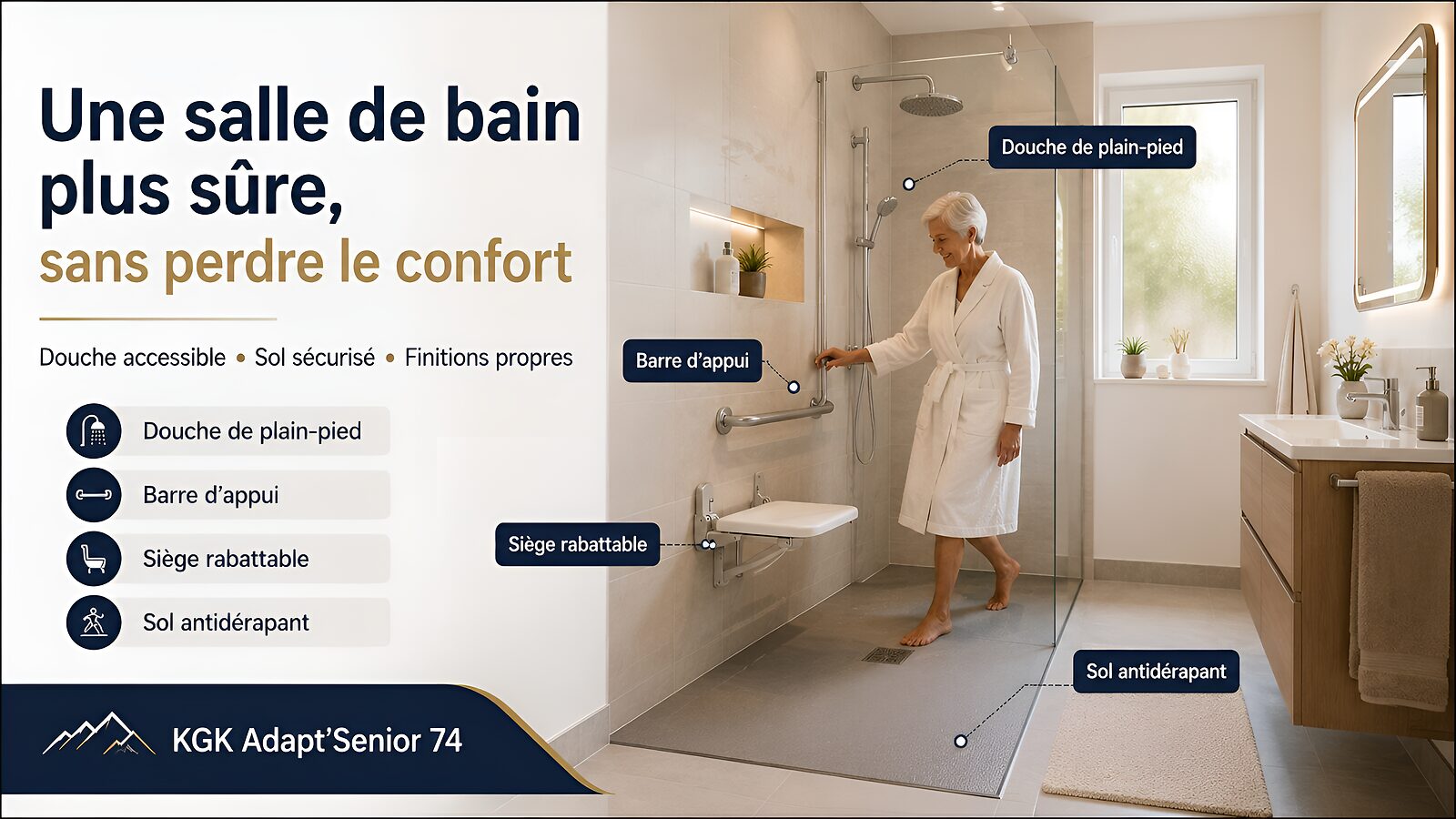 Salle de bain plus sûre sans perdre le confort : douche de plain-pied, barre d’appui, siège rabattable, sol antidérapant.