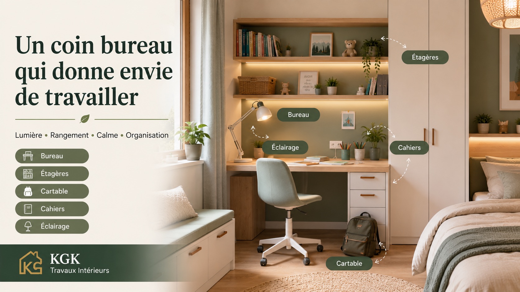 Illustration KGK Chambre Enfant 74 : un coin bureau lumineux et bien rangé pour faire les devoirs.