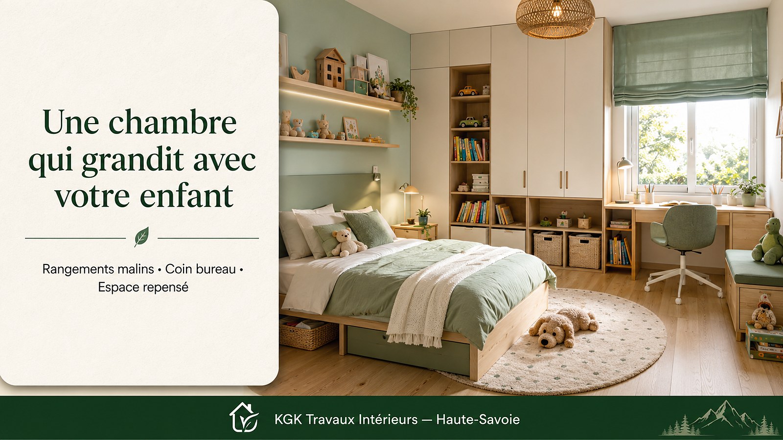 Une chambre qui grandit avec votre enfant : rangements malins, coin bureau, espace repensé — KGK Travaux Intérieurs, Haute-Savoie.