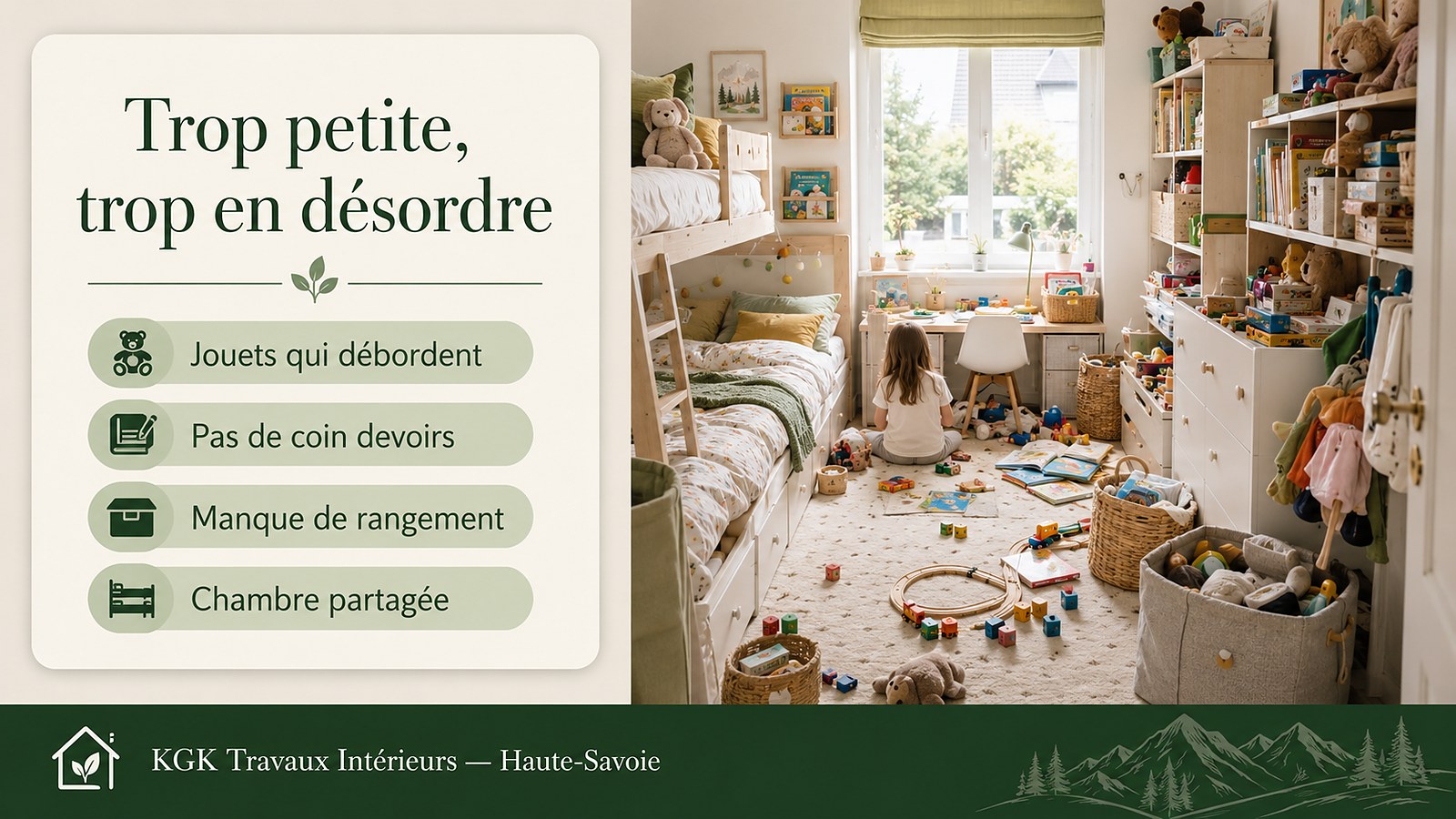 Trop petite, trop en désordre : jouets qui débordent, pas de coin devoirs, manque de rangement, chambre partagée — KGK Travaux Intérieurs Haute-Savoie.