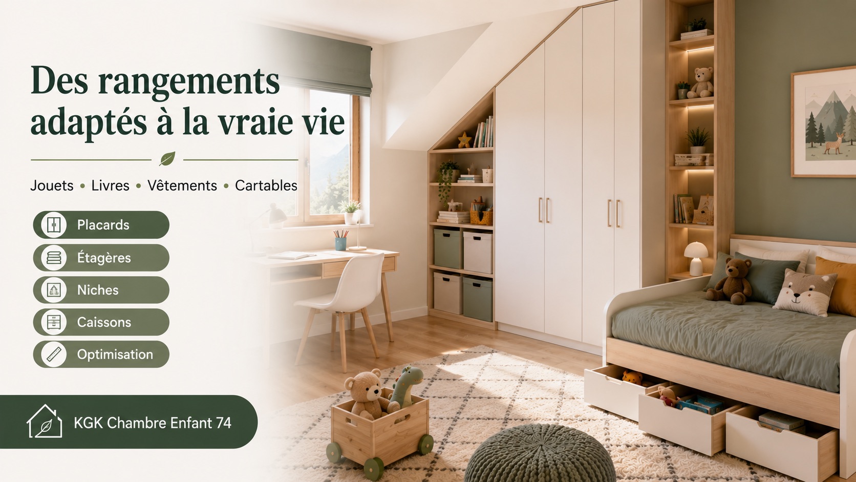 Illustration KGK Chambre Enfant 74 : rangements sur mesure — placards, étagères, niches et caissons pour jouets, livres, vêtements et cartables.