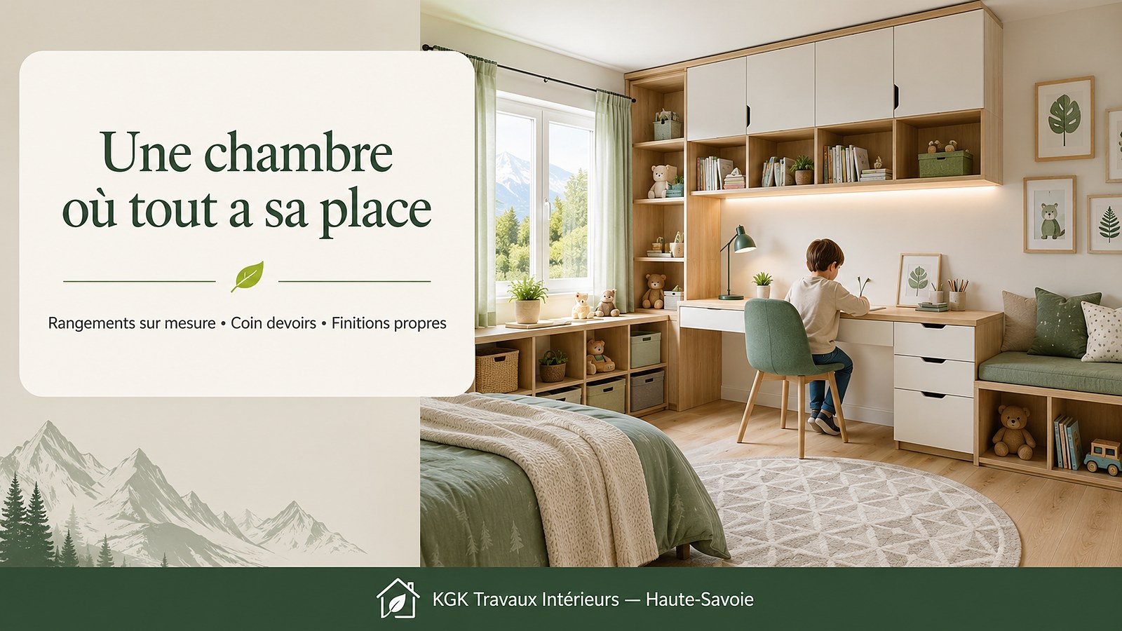 Une chambre où tout a sa place : rangements sur mesure, coin devoirs, finitions propres — KGK Travaux Intérieurs Haute-Savoie.
