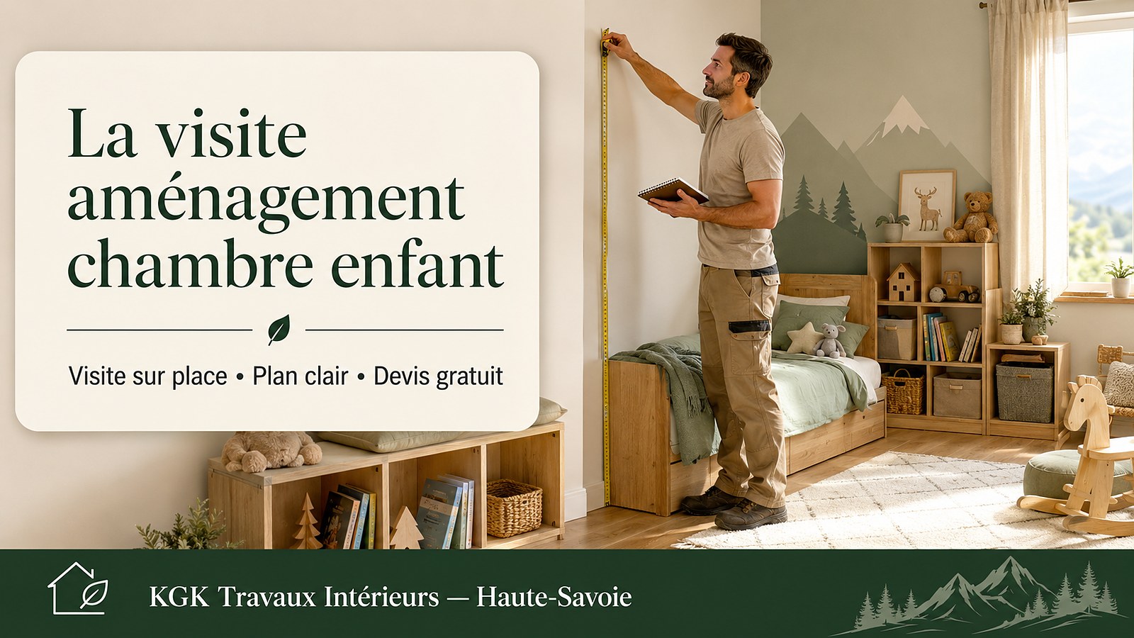 La visite aménagement chambre enfant KGK : visite sur place, plan clair et devis gratuit — KGK Travaux Intérieurs, 07 54 40 35 89.