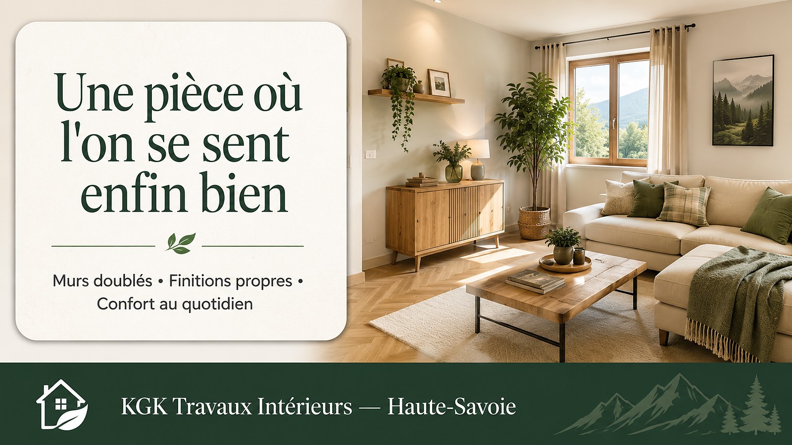 Une pièce où l'on se sent enfin bien : murs doublés, finitions propres, confort au quotidien — KGK Travaux Intérieurs Haute-Savoie.