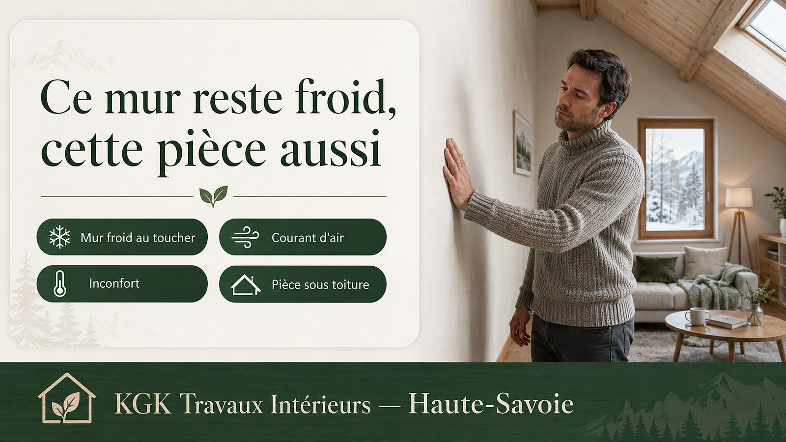Ce mur reste froid, cette pièce aussi : mur froid au toucher, courant d'air, inconfort, pièce sous toiture — KGK Travaux Intérieurs Haute-Savoie.