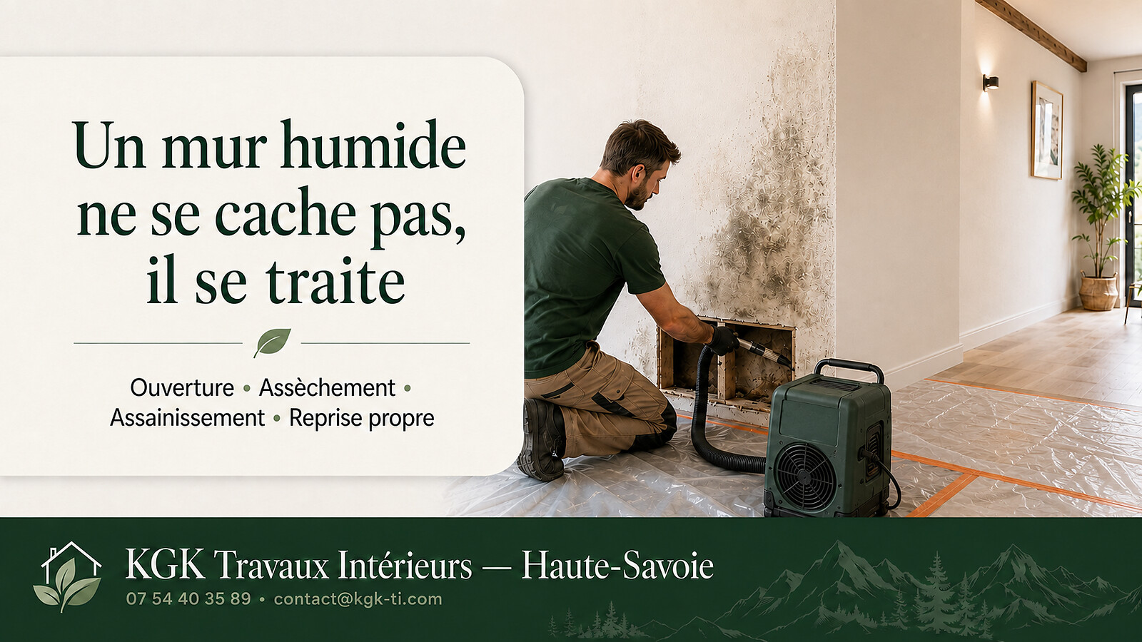 Un mur humide ne se cache pas, il se traite : ouverture, assèchement, assainissement, reprise propre — KGK Travaux Intérieurs, Haute-Savoie.