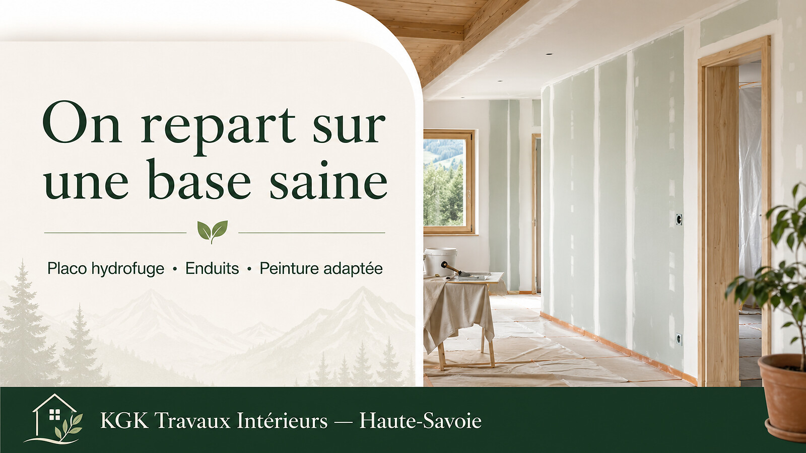 On repart sur une base saine : placo hydrofuge, enduits et peinture adaptée — KGK Travaux Intérieurs Haute-Savoie.