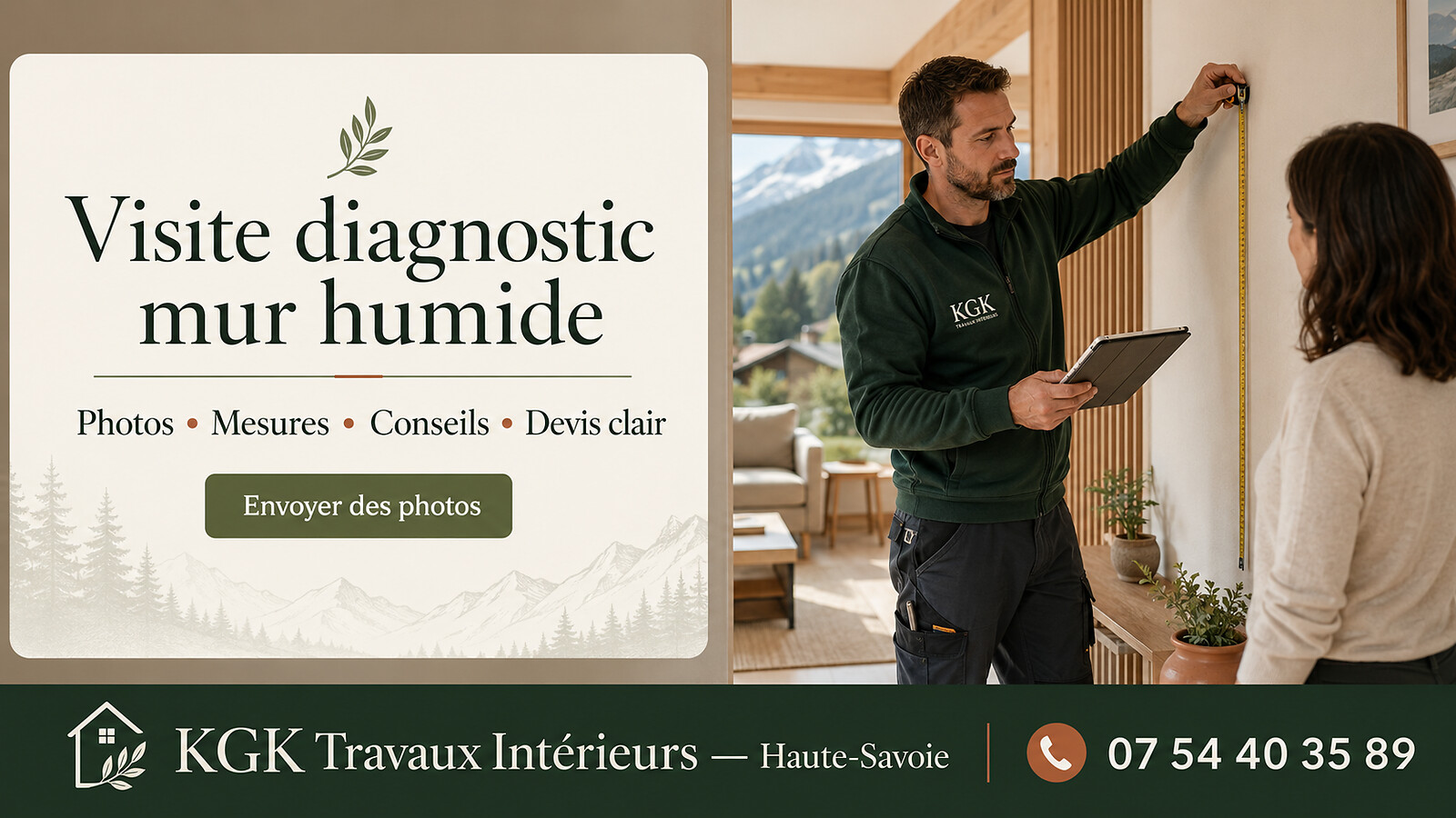 Visite diagnostic mur humide : photos, mesures, conseils et devis clair — KGK Travaux Intérieurs, 07 54 40 35 89.