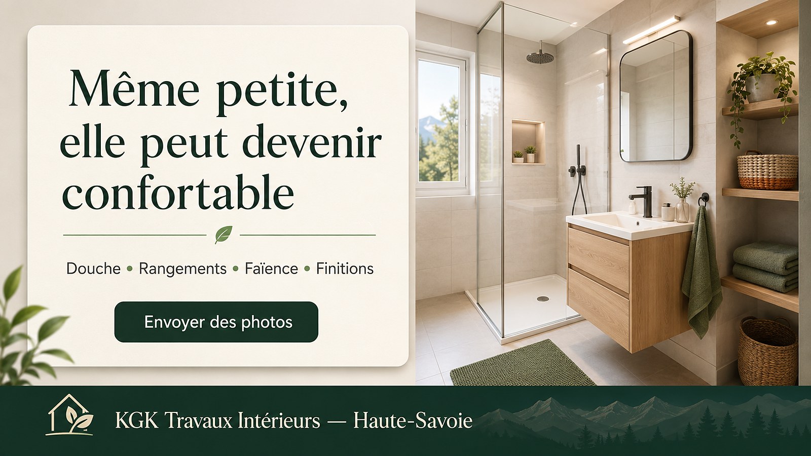 Une petite salle de bain qui respire enfin : douche optimisée, rangements malins, étanchéité soignée — KGK Travaux Intérieurs, Haute-Savoie.