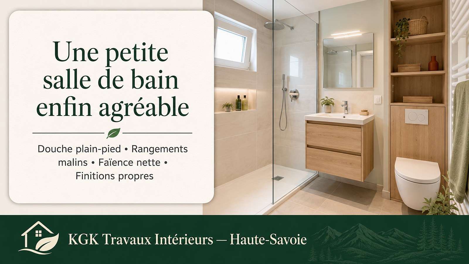 Chaque centimètre bien utilisé : zone douche étanche, niche intégrée, faïence nette — KGK Travaux Intérieurs Haute-Savoie.