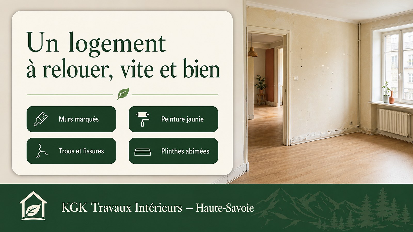 Terne, marqué, difficile à relouer : murs jaunis, trous de chevilles, photos peu attractives, vacance qui s'allonge — KGK Travaux Intérieurs Haute-Savoie.
