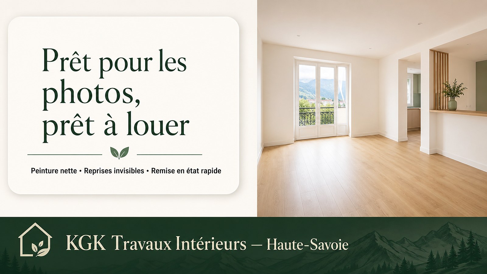 Un bien lumineux, prêt à photographier : peinture nette, reprises invisibles, reloué plus vite — KGK Travaux Intérieurs Haute-Savoie.
