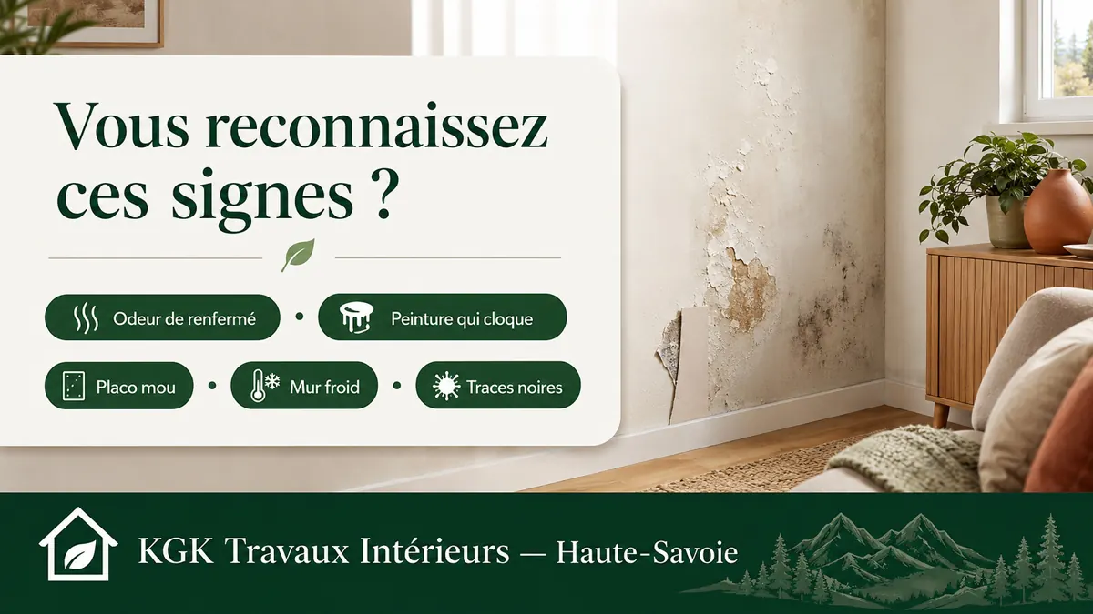Vous reconnaissez ces signes ? Odeur de renfermé, peinture qui cloque, placo mou, mur froid, traces noires — KGK Travaux Intérieurs Haute-Savoie.
