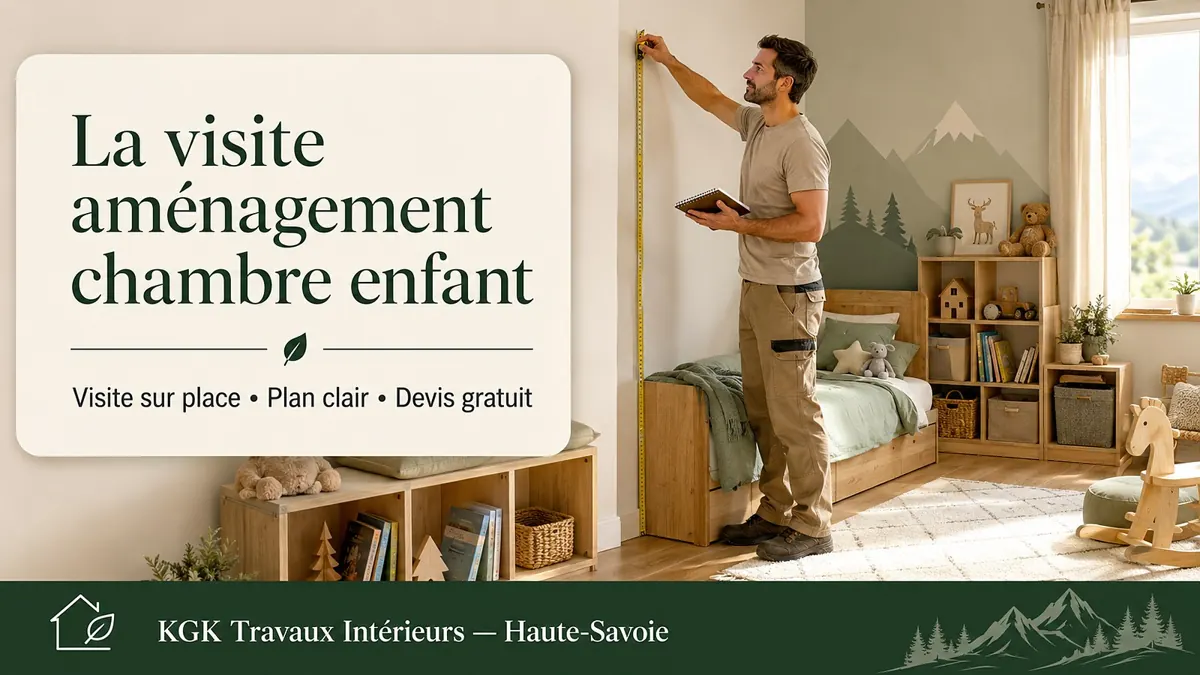 La visite aménagement chambre enfant KGK : visite sur place, plan clair et devis gratuit — KGK Travaux Intérieurs, 07 54 40 35 89.
