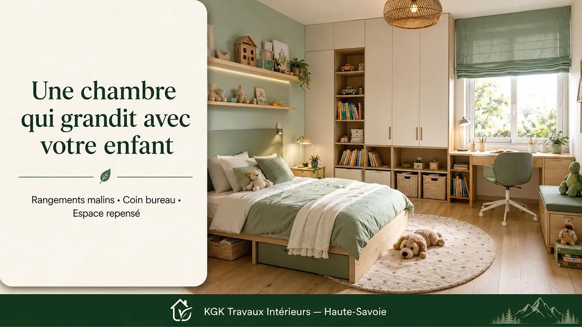 Une chambre qui grandit avec votre enfant : rangements malins, coin bureau, espace repensé — KGK Travaux Intérieurs, Haute-Savoie.