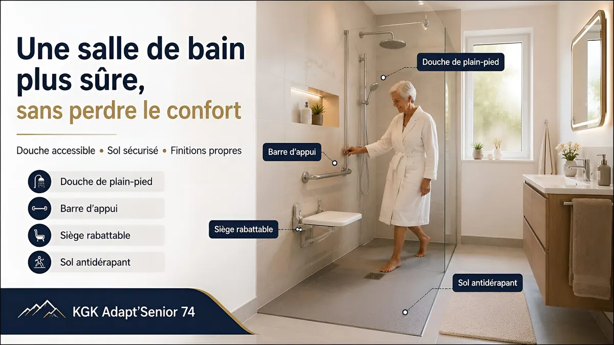 Illustration générée : exemple de salle de bain avec douche, barre d’appui et siège rabattable.