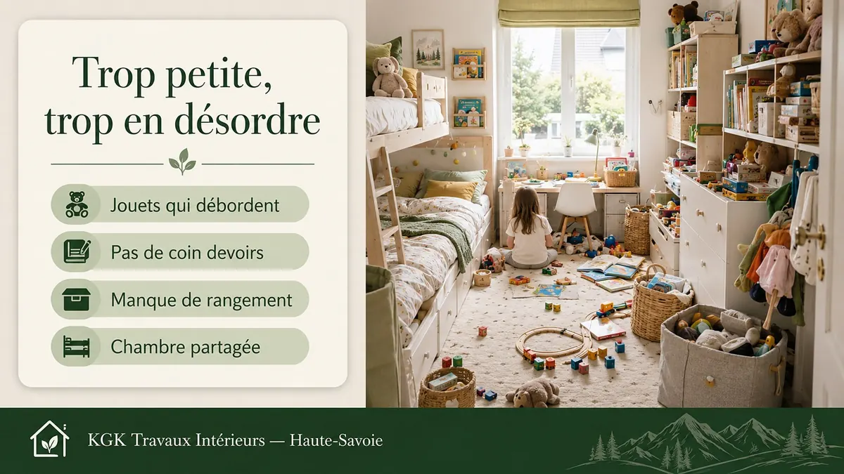 Trop petite, trop en désordre : jouets qui débordent, pas de coin devoirs, manque de rangement, chambre partagée — KGK Travaux Intérieurs Haute-Savoie.