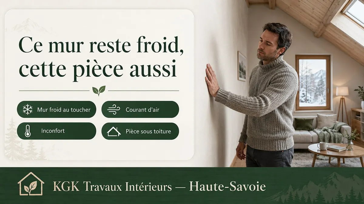 Ce mur reste froid, cette pièce aussi : mur froid au toucher, courant d'air, inconfort, pièce sous toiture — KGK Travaux Intérieurs Haute-Savoie.