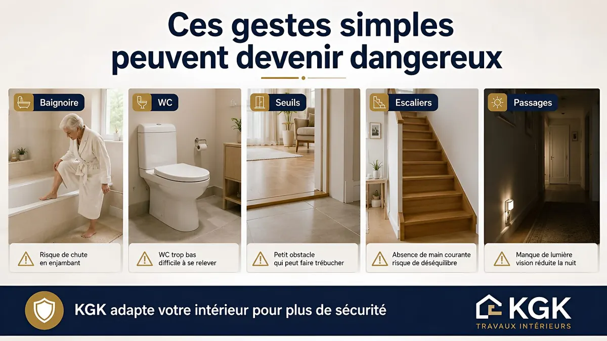Illustration générée : situations du quotidien autour de la baignoire, des WC, des seuils, des escaliers et des passages.